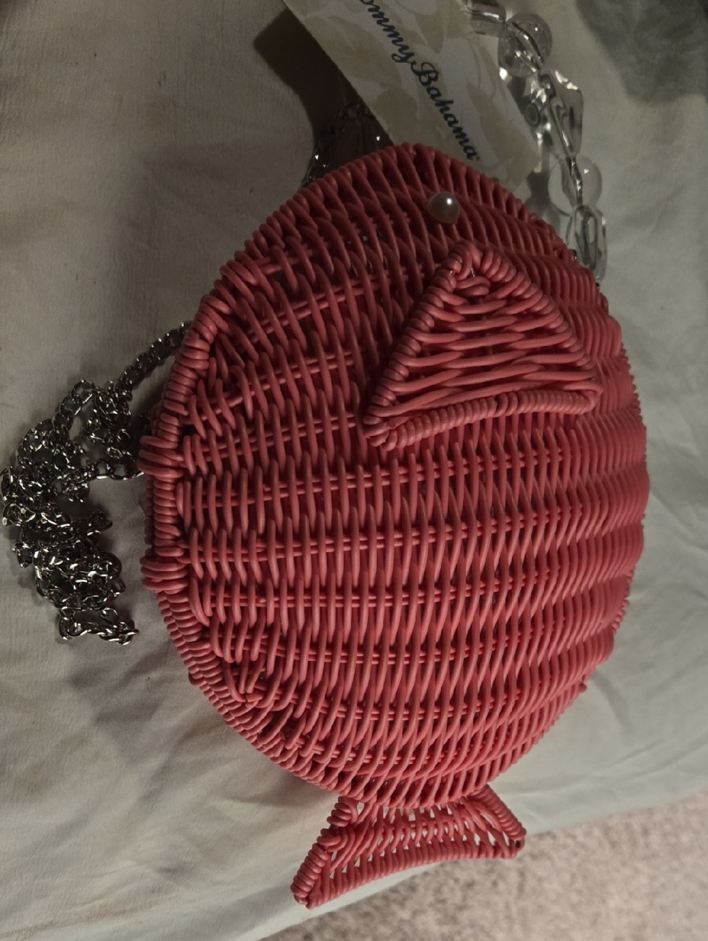 Tommy Bahama Coral Pink Woven Round Fish-Accent Crossbody